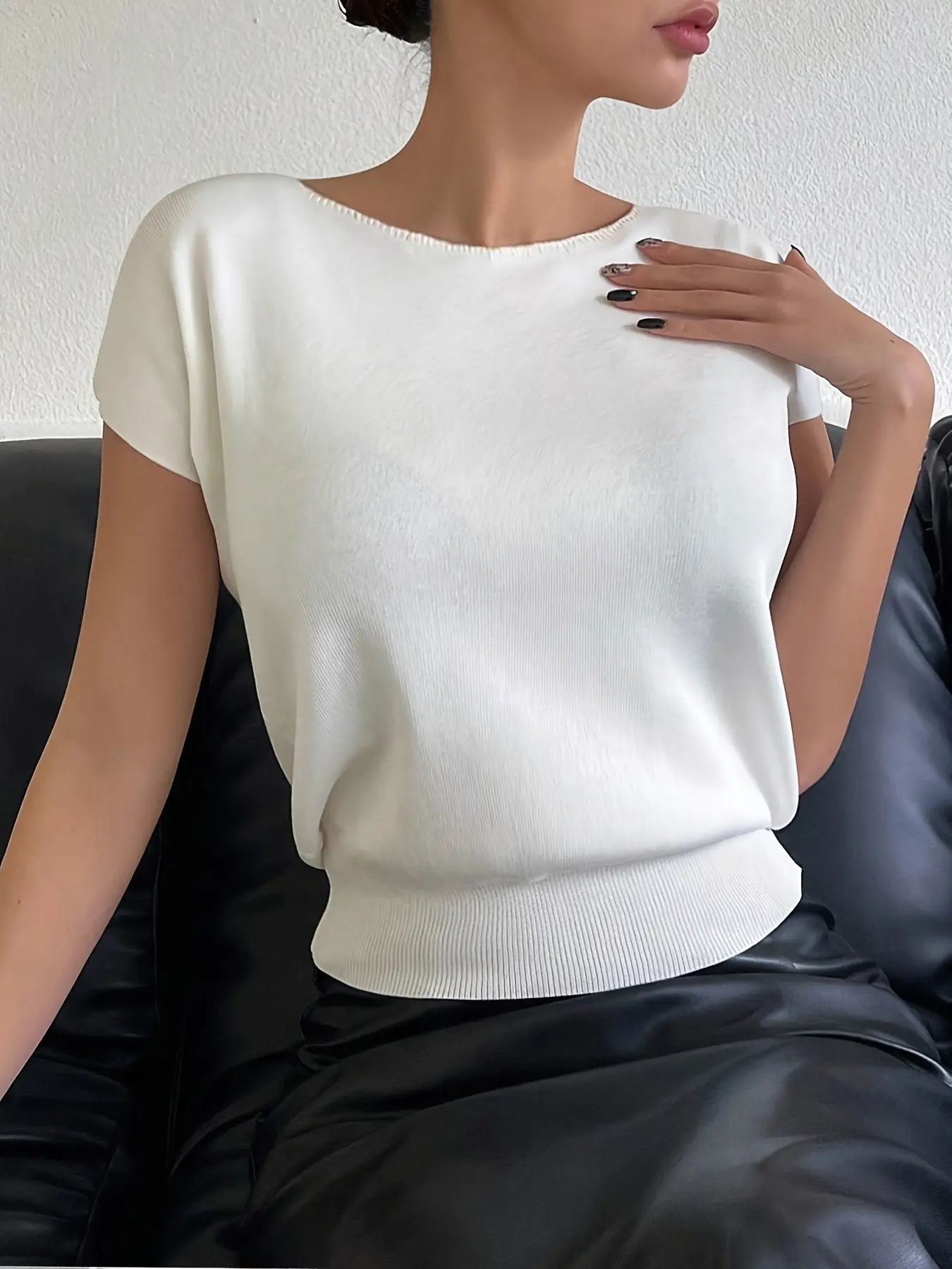ELEGANTSUT Women's Elegant Solid Knit Top, Casual Tee with Short Raglan Sleeves and a Fitted Waist-Cinching Design, Elegance, Women's Clothes, Knitwear, Shortsleeve, Basic, Comfortable