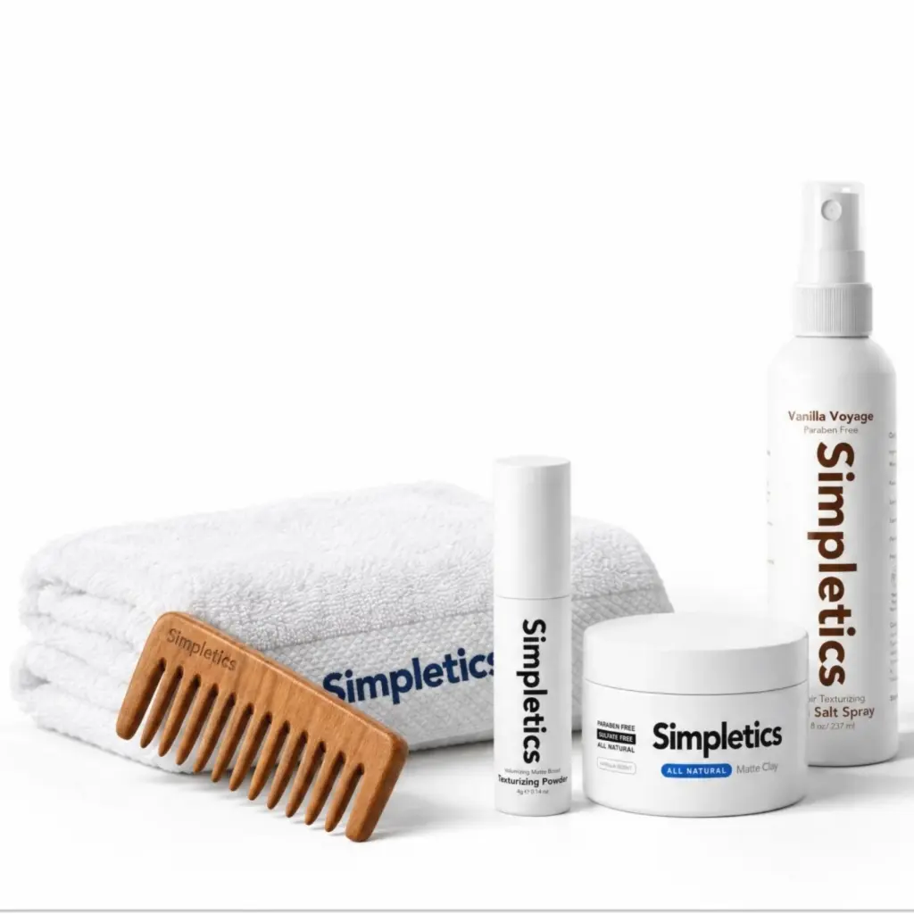 Simpletics Men's Daily Haircare Volumizing Kit - Free Wooden Comb & Towel Gifts, Sea Salt Spray, Matte Clay, Texture Powder - Wavy Hair Scent, Volume, Texture, Matte Hold, Vanilla