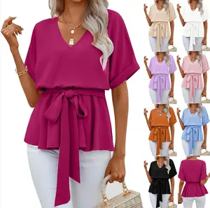 FMEYOA Womens Fashion V Neck Blouse Short Sleeve Belted Casual T-Shirts Basic Tee Tops