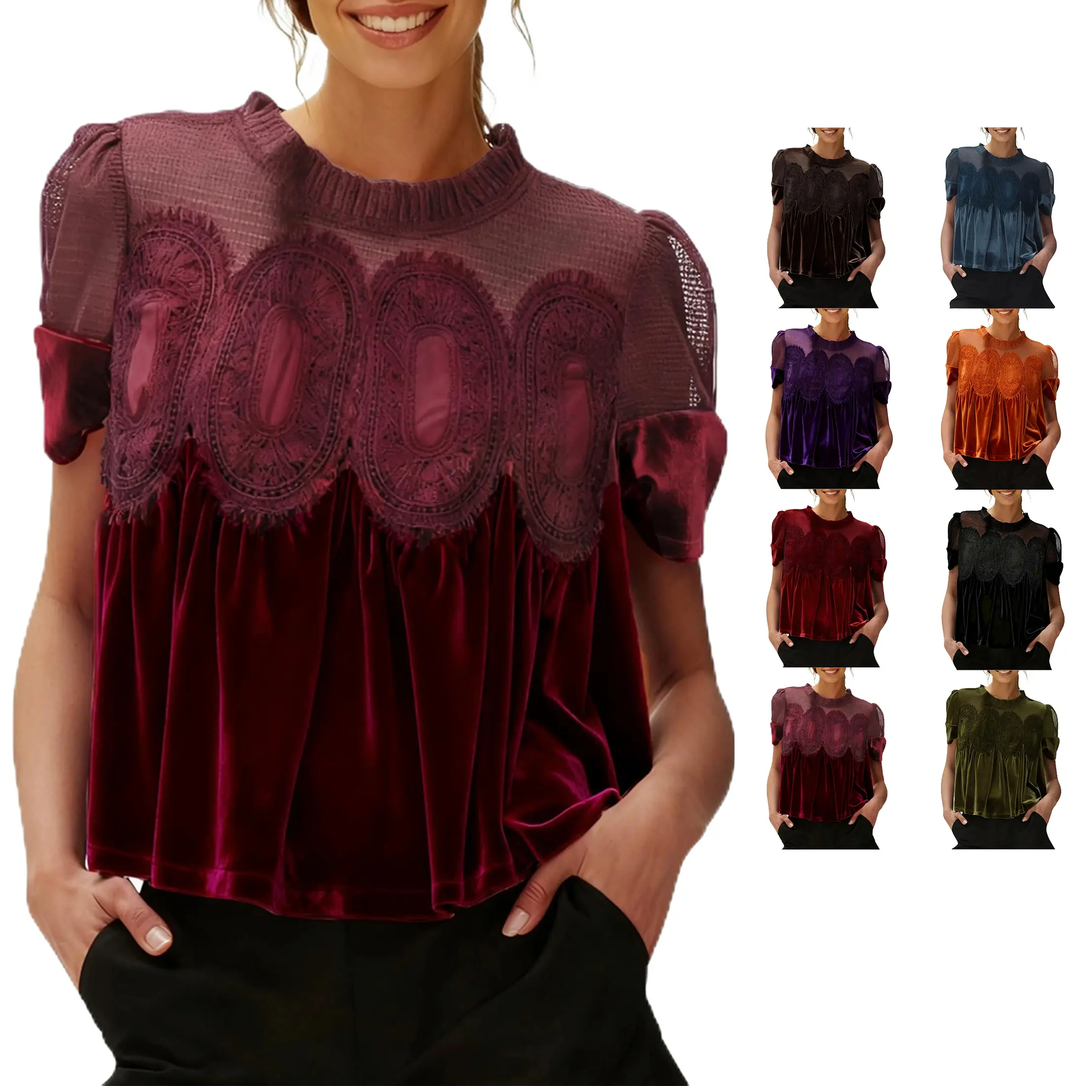 Mundoven Velvet Lace Blouse for Women Elegant Casual Crew Neck Short Sleeve Top Loose Fit Flared Swing Shirt