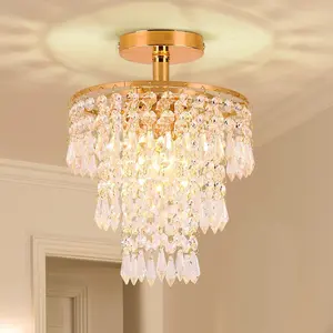 Small Crystal Chandelier LED Crystal Ceiling Light, Three-Layer Crystal Raindrop Pendant, Living Room Bedroom Hallway Decor, Crystal Color, E26 Socket