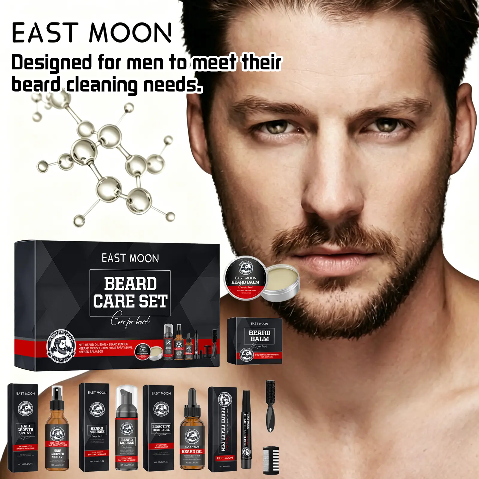 Men’s Grooming Care Set - Growth Essential Oil, Cleansing Mousse, Filler Pen, Balm & More to Solve Beard-Related Worries Effortlessly