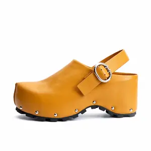 Yellow Studded Slingback Leather Platform Clogs with Arch Support