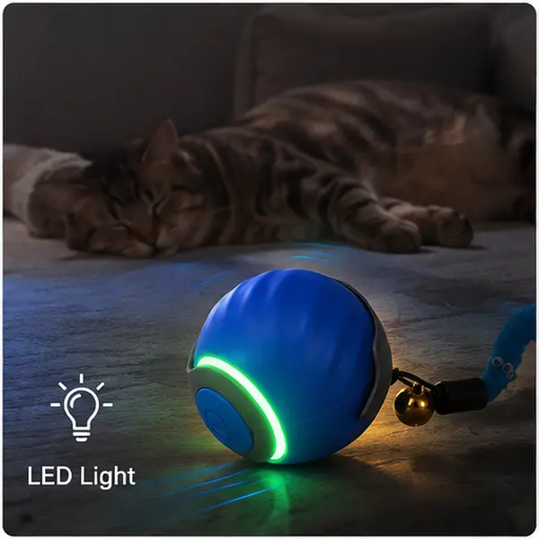Automatic Cat Toy Ball for Indoor Cats, Interactive Rechargeable Rolling Toy with 3 Replaceable Tails & Dual Speed Modes, Blue