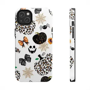 Halloween Leopard Print Pumpkin Spider Bows Tough Phone Case for iPhone 11, 12, 13, 14, 15, 16, 17 Pro Max Plus. Festive Fall Autumn Holiday Aesthetic Waterproof Cover.