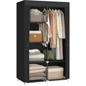 35inch Portable Wardrobe for Small Rooms, Clothing Storage Rack with Non-Woven Fabric Cover, 1 Hanging Rod, 6 Storage Shelves, Black
