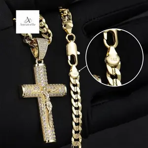 Auravelle 14K Real Gold-Plated Cuban Chain, Figaro Chain, Miami Cross Chain, With Jesus Christ Cross Pendant, Length 24Inch, Width 6Mm, Hand-Polished And Multi-Electroplated For Daily Wear