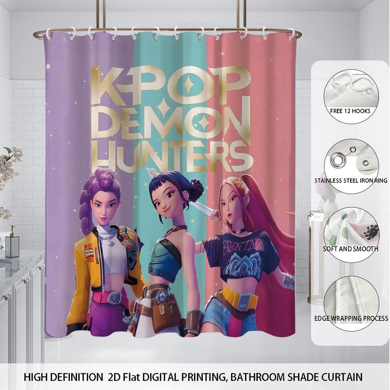 K-POP Demon Hunters Bathroom Set, Shower Curtain with Hooks, Non-Slip Bath Rug, U-Shaped Toilet Mat, Toilet Lid Cover, Bathroom Decoration Accessories, Bathroom Shower Equipment