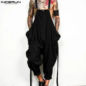 INCERUN Men's Spring/Summer Fashion Loose Fit Contrast Buckle Puff Sleeveless Dungarees