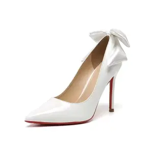 White Red-soled High Heels, Luxury Professional Temperament Goddess Style Bow Knot Comfortable Stiletto Pointed Toe Women's Pumps High Heeled Shoes Classy Elegant Stylish Footwear Fashion