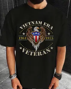 Men's cotton short-sleeved T-shirt, vintage military pattern T-shirt from the Vietnam War era, featuring an eagle star design, thick fabric, machine washable casual shirt, suitable for veterans' daily wear, patriotic clothing, round-neck T-shirt