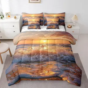 Feelyou 7-Piece Hawaiian Beach Comforter Set, All-Season Comfy Decorative Bedding Set, Ocean Wave Coastal Nautical Nature Theme Bed-in-a-Bag, Comfy Bedding Set