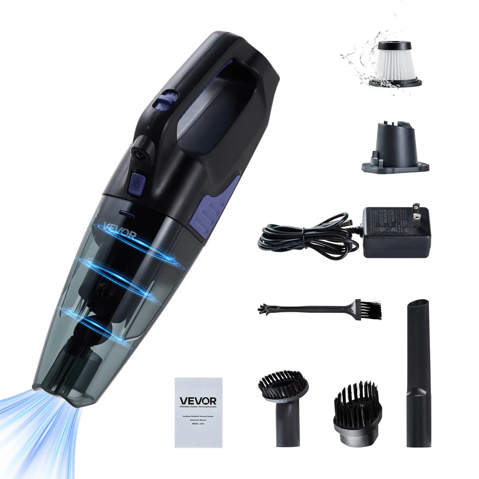 VEVOR Handheld Cordless Vacuum Cleaner with HEPA Filter, Brushes, 12000pa Powerful Suction, 6500pa Mode, 25-Minute Runtime, Lightweight for Car, Home, RVs, Light-Up