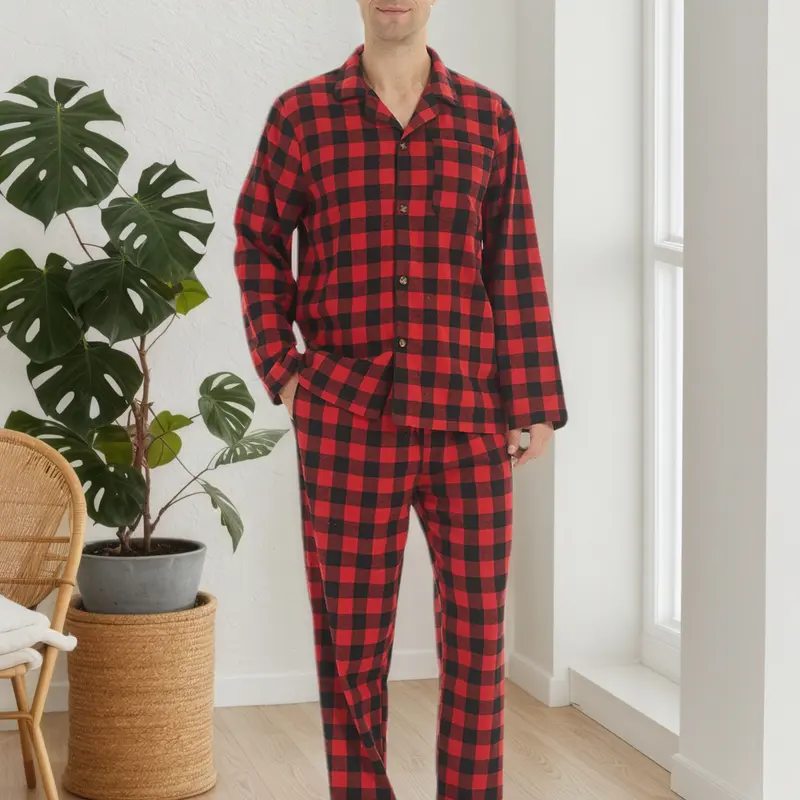 Valentina's Men's 2-Piece Classic Checked Cotton Flannel Pajama Set - Soft Long Sleeve Button-Down Shirt, Loose Elastic-Fit Pocket Pants, Warm Polyester Blend Menswear Sleepwear for Birthday Lounging