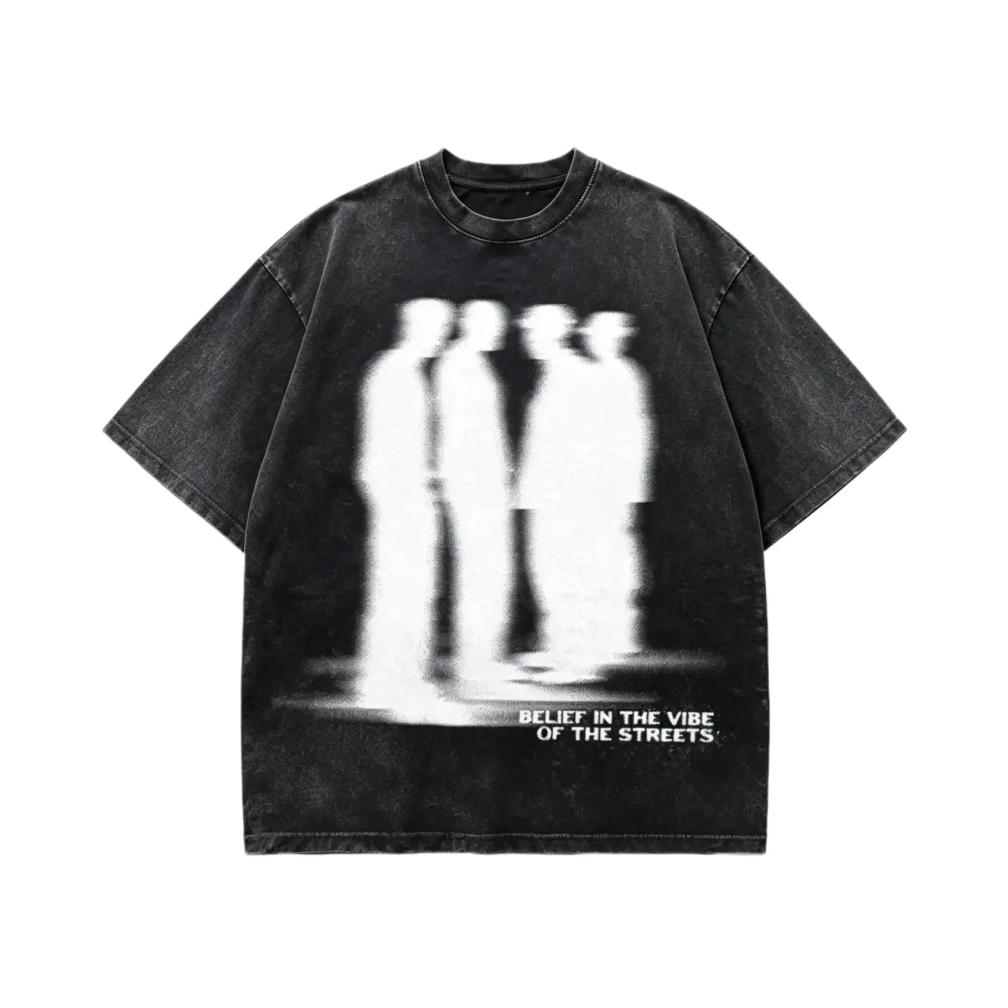 Retro washed T-shirt with street-style virtual shadow character design, featuring a Grunge Y2K emo scene, Tapout Goth Amity Affliction style, distressed loose fit, unisex T-shirt. Menswear Top