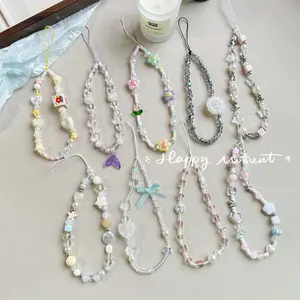 Creative pearl mermaid sunflower mobile phone lanyard crystal bracelet beaded chain butterfly ccd anti-lost rope decoration