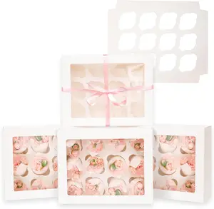Auto-pop up 12 Cupcake Containers 6-Packs White Cupcakes Carrier, 12 Cupcake Boxes with Window 13"x10"x3.5"