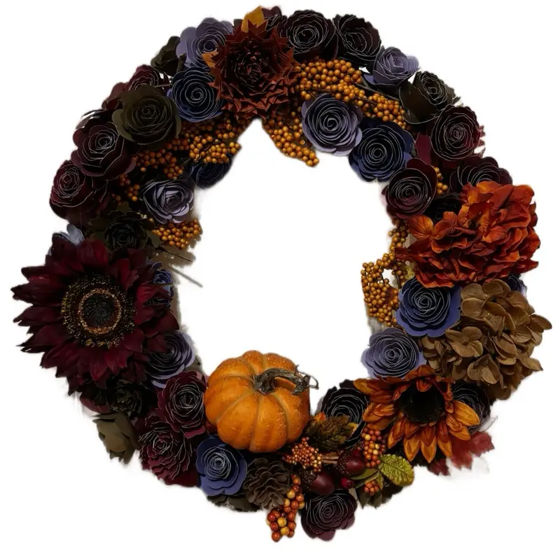 Autumn Fall Colored Handcrafted Cardstock Paper Floral Wreath with Artificial Flowers Pumpkin for Seasonal Decor 18-inch Grapevine Base