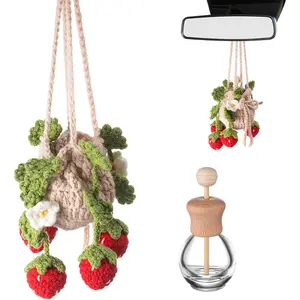 Crochet Plant Car Air Freshener 12ml Empty Refillable Car Diffuser Bottle with Cute Potted Plants Hanging Accessories Essential Oil Diffuser