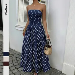 Womens Retro Polka Dot Strapless Cinched Waist Long Dress The retro and stylish polka dot sleeveless strapless dress for women in the Spring and summer summerwins