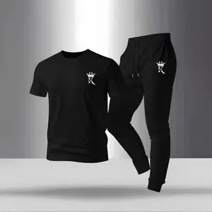 Men's King Print T-shirt And Drawstring Belt Sweatpants Two-piece Set, Regular Fit Crew Neck Short-sleeved T-shirt And Jogging Pants, Summer Casual Top And Sweatpants