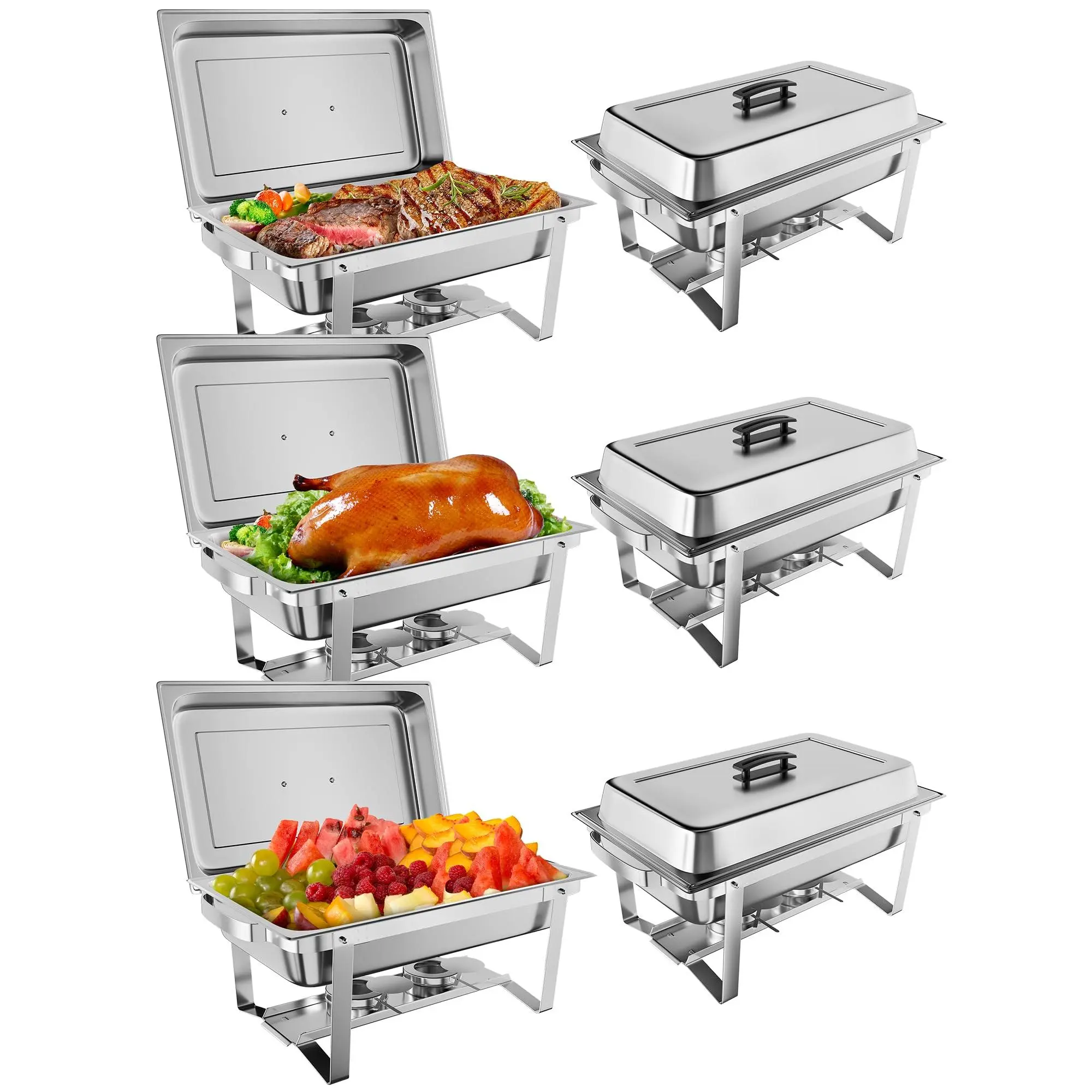Professional  2, 4, or 6 pack 8QT Stainless Steel Chafing Dish Buffet Set – Rectangular Food Warmers with Water Pan, Folding Frame, Lid Holder, Spoons, Tweezers – Catering Chafer for Parties, Weddings, Banquets, Events