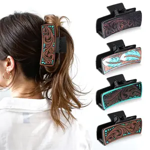 4Pcs Western Hair Clips for Women, Large Cowhide Pattern Resin Claw Clips, Cowgirl Aesthetic Hair Claw Clips, Western Hair Accessories Vintage Hairpin Gifts for Thick Thin Hair Jewelry Stuff