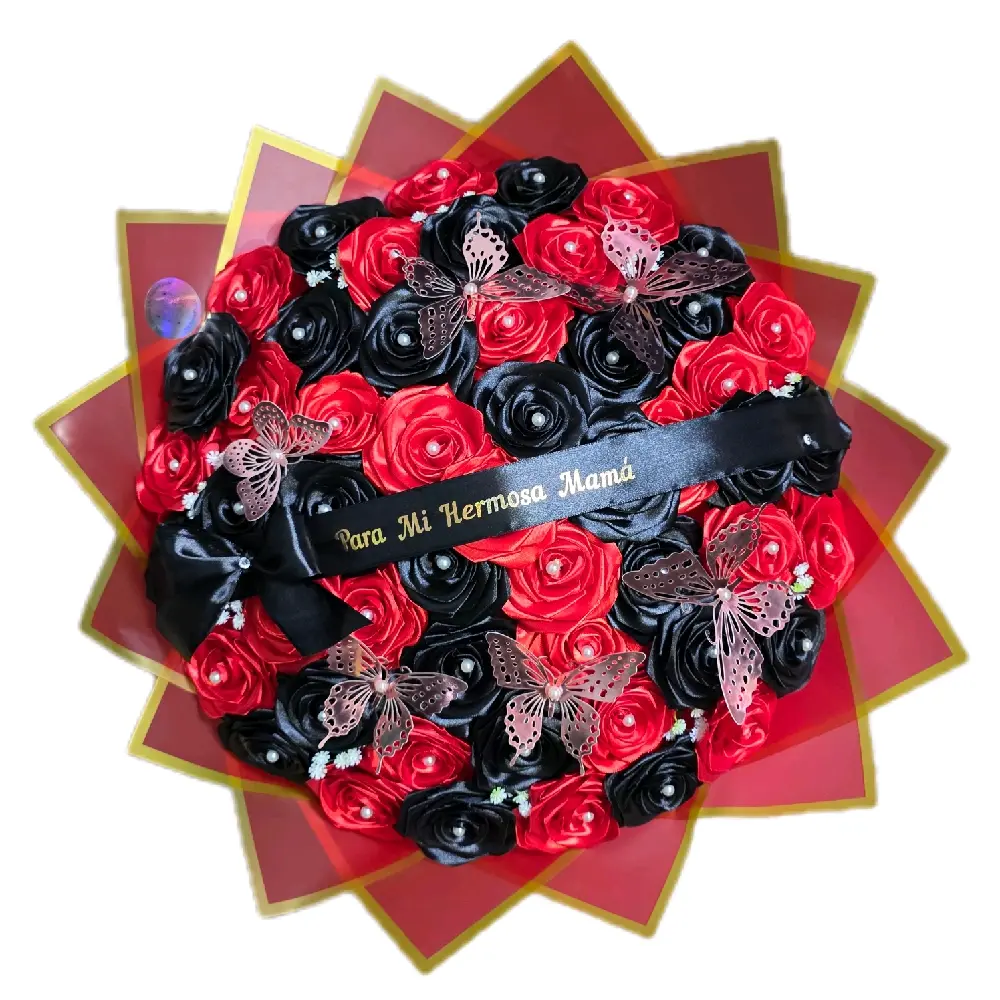 50 Elegant Red and Black Rose Wreath with Butterflies and "Para Mi Hermosa Mama" Ribbon for Mother's Day Gift