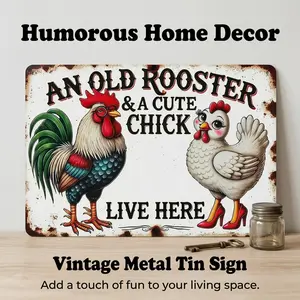 1pc Vintage "An Old Rooster & Cute Chick Live Here" Metal Tin Sign 8x12 Inch - Rustic Farmhouse Wall Decor for Home, Kitchen, Garden, Barn - Durable Weather-Resistant Metal Art with Pre-Drilled Holes, Garden Signage | Whimsical Animal Desi