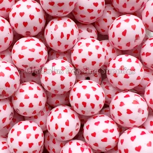 20mm Valentine Print Acrylic Bead, Heart, Bubblegum, Chunky Round, Gumball, Beading Supplies, Cupid, Valentine's Day