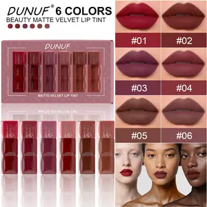 DUNUF 6 Colors Matte Velvet Lip Tint Set Long Lasting Waterproof Transfer-Proof Highly Pigmented Liquid Lipstick Natural 3D Lip Makeup