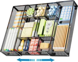 Expandable Mesh Desk Drawer Organizer Tray with 10 Adjustable Compartments & 5 Dividers, Desk Organizer Accessories for Office Supplies, Makeup & Vanity (Black)