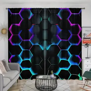 Hexagonal Gradient Art Printing Curtain, 2pcs/set Modern Design Window Curtain, Home Decor for Bedroom, Living Room, Kitchen, Bathroom, Study, Home Decoration Curtain