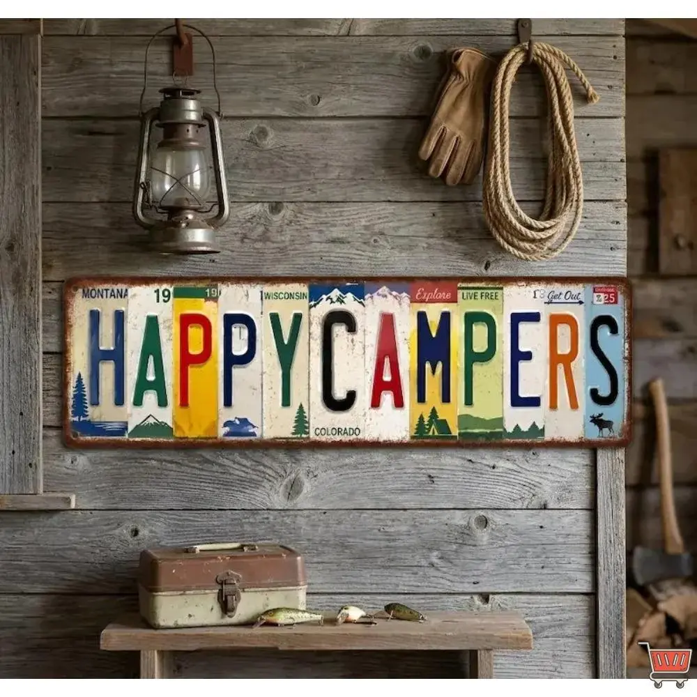 Rustic Camping Metal Sign, Happy Campers License Plate Style Decor, Funny RV Wall Art for Camper or Cabin