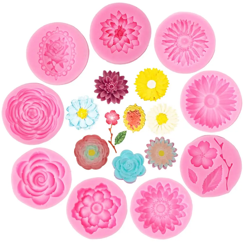 9Pcs Sunflower Daisy Flower Silicone Fondant Molds, Reusable Non-Stick Baking Moulds for Chocolate Candy Jelly Cupcake Cake Decor, Multi-Purpose DIY Molds for Soap Resin Jewelry Pastry Craft Supplies