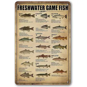 Fishing Wall Decor Rustic Cabin Hunting Fishing Signs Lake House Decor For Home Kitchen Fish Art Wall Decor Freshwater Game Fish Tin Sign Vintage Fish Knowledge Metal Signs Outside Fishing Decorations