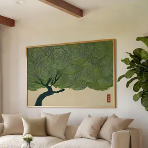 Wabi Sabi Tree Horizontal Wall Art Japanese Green Print Japandi Poster Landscape Woodblock Decor Zen Minimalist Artwork Wall Art Print Gift, UNFRAMED