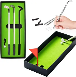 Mini Golf Pen Set Includes 3 Putter Shaped Pens Perfect Desk Accessories and Gifts for Golf Enthusiasts with Green Mat and Red Flag