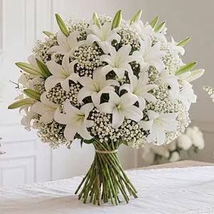 28-Piece Realistic Cemetery Flower Bouquet, Includes 20 Star Gazer & 8 Lily Flowers, Wedding Decor, UV Resistant, No Maintenance, Home Decoration