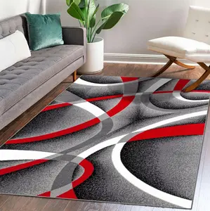 Geometric Strip Lines Area Rug Modern Abstract Accent Rug for Living Room Bedroom Non-Slip Luxury Art Floor Mat Under Couch Red Black White Contemporary Indoor Rug