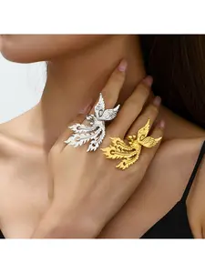 Elegant Gold Tone Adjustable Phoenix Ring with Delicate Floral Border Vintage Inspired Bridal Jewelry Lightweight Luxury Fashion Accessory for Daily Wear