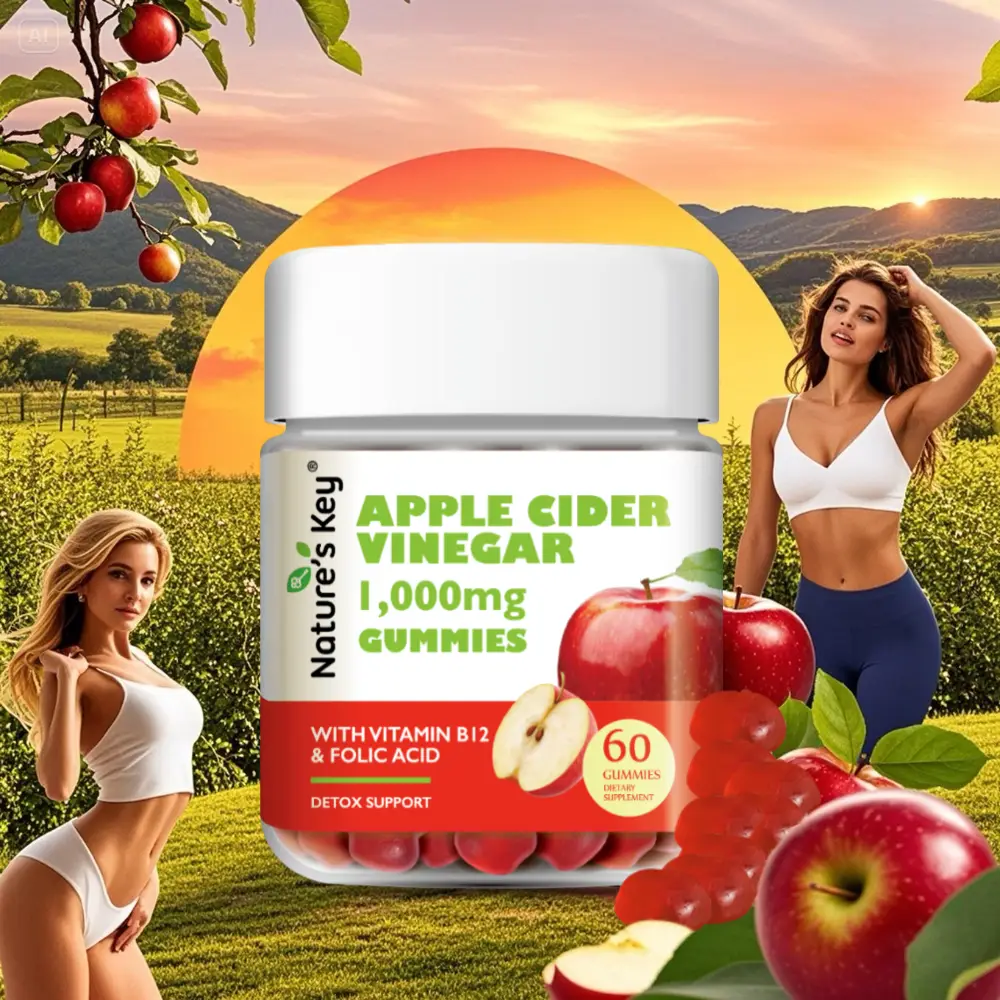 nature's key Apple Cider Vinegar Gummies -1000mg 60 Count, with Folic Acid Vitamin B6 B12. Digestion, Nature's Key Natural Detox & Cleanse | Vegan, Gl