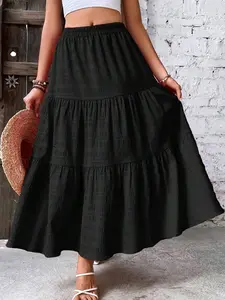 Women's Fitted Vacation Style Plain Woven Texture Umbrella Skirt, A-Line Long Dress, Suitable for Commuting Casual Holiday Wear
