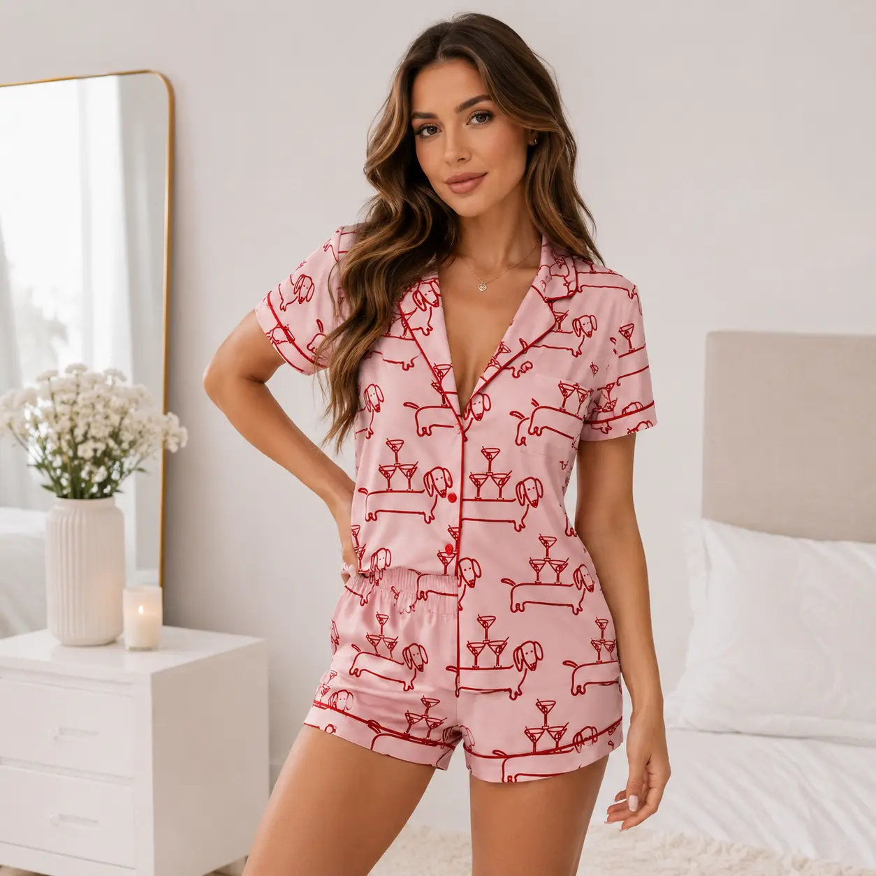 Women’s Dachshund Satin Pajama Set, Martini and Weenies Print Short Sleeve Button Down Sleepwear, Soft 2 Piece Dog Lover Lounge Set