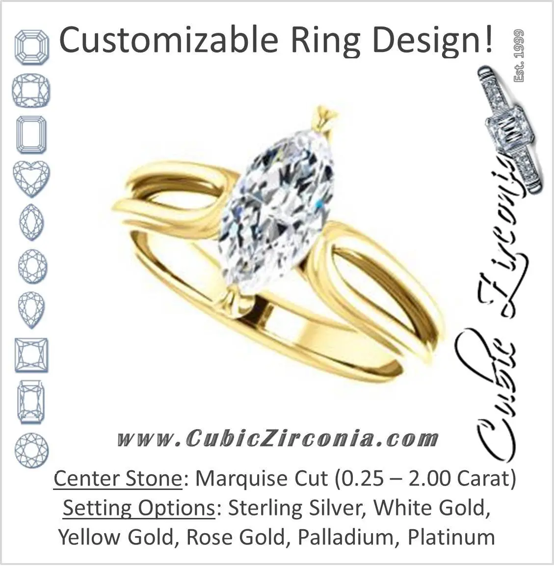 Cubic Zirconia Engagement Ring- The Piper (Customizable Marquise Cut Solitaire with Flared Split-band)