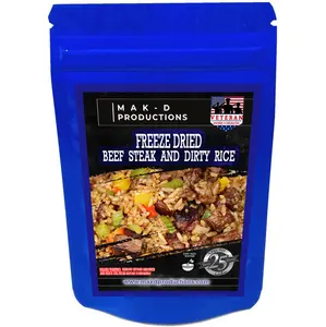 MAK D Productions - Freeze Dried Meal  - Beef - Rice - Beef Steak And Dirty Rice - Gourmet Recipes by a Sullivan University (Louisville, Kentucky) Culinary Chef Graduate - NEVER BLAND TASTING - MADE IN THE USA