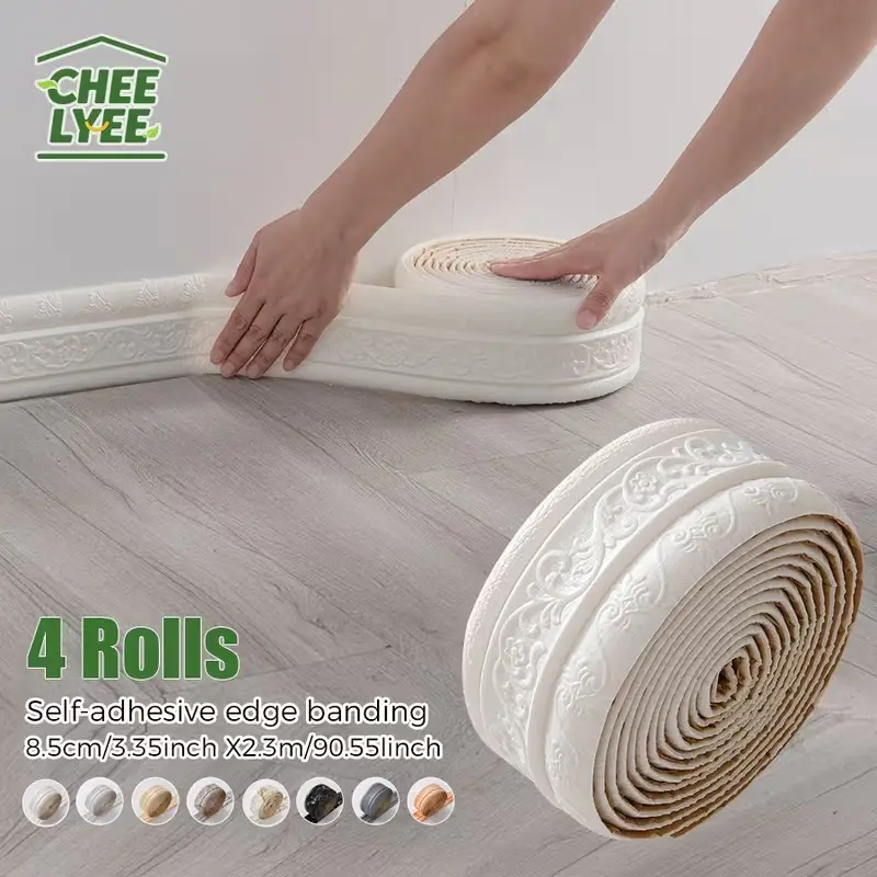 3D foam wall skirt with self-adhesive waterproof decorative edge strip, suitable for hotel and home wall corner decoration, skirting board, finishing strip decoration, frame decoration line, 4 rolls 3.34inx90.55inPVC