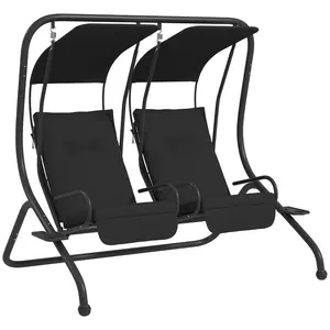 Outsunny Patio Swing Chair with 2 Separate Seats, Outdoor Swing Glider with Removable Canopy and Cup Holders, for Porch, Garden, Poolside, Backyard, Beige