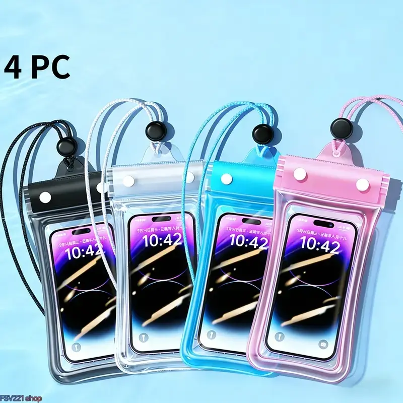 4-Pieces Adjustable Plastic Waterproof Transparent Smartphone Cover - Lanyard-Compatible Protective Casing, Touchscreen HD Photo-Ready Water Sports Accessory, Airbag Design Floating Dry Bag for Diving, Beach Use (Fashion Accessories)
