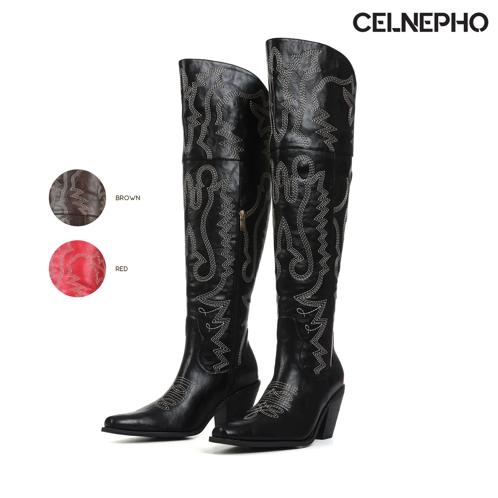 CELNEPHO Womens Cowboy Boots Over the Knee Boots Pointed Toe Chunky Block Heel Side Zipper Embroidered Retro Classic Western Easy Pull On Gift Party Country Wedding Horse Riding Music Festival Outdoor Vacation Dressy Summer Cowgirl Shoes